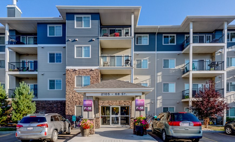 Entrance of "the Fuse", condo-grade apartment complex with fitness area in Edmonton, Alberta