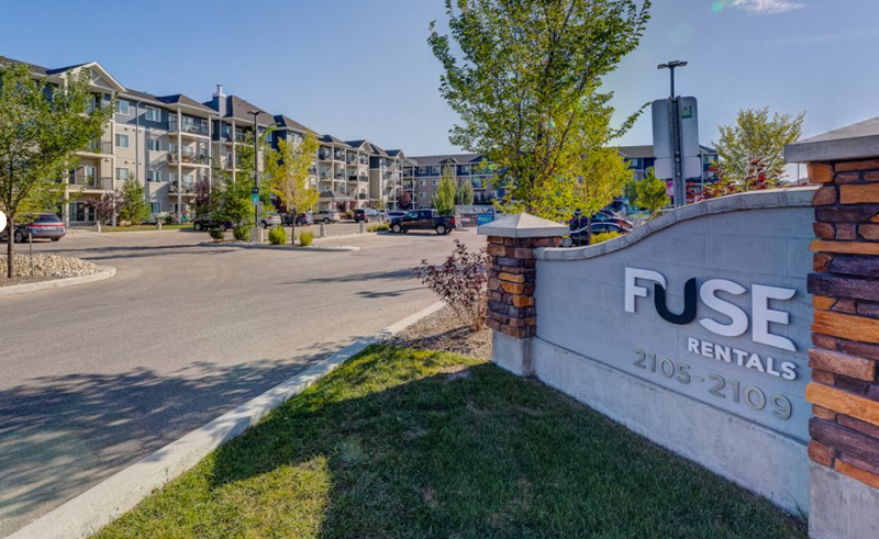 Front signage - acquisition of the Fuse Rentals in Edmonton, Alberta. A condo-grade apartment complex