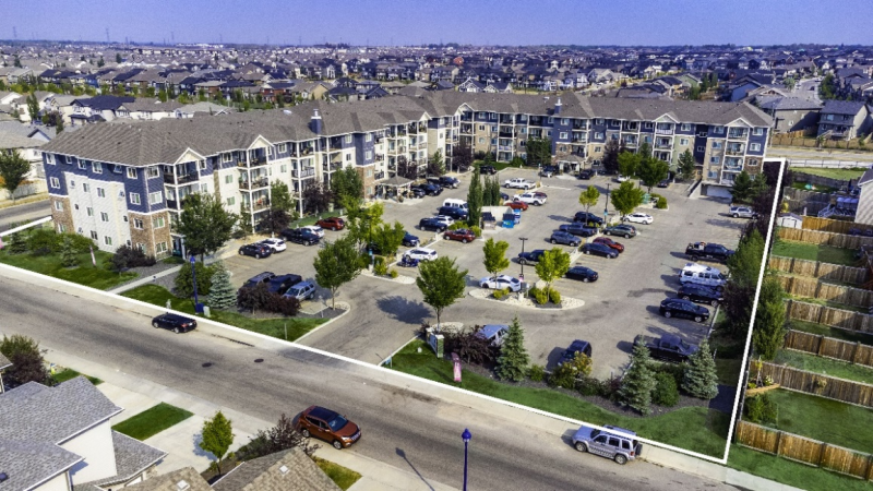 Aerial photo of "The Fuse" condominium-grade apartment complex acquisition at Summerside, Edmonton, Alberta